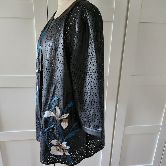 Chico's Perforated Floral Faux Leather Jacket 2 - Picture 3 of 10